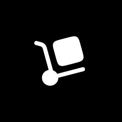 Group 1321317519 Icon of a hand truck with a box on it, depicted in white on a black background.